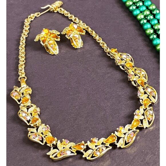 Vintage Demi Parure 50s Rhinestone Necklace & Clips Earrings AB Crystal - Picture 2 of 8